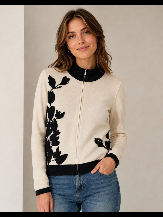 St. John Sweaters - St. John 100% Wool Floral Knit Zip Cardigan Jacket Cream Black